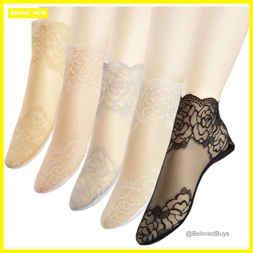 5-Pair Lace Ankle Socks, Breathable Mesh, Floral Pattern, Hand Wash Only